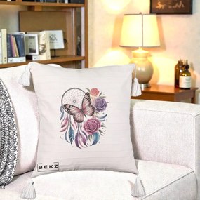 Perna Personalizata Prinzator de Vise cu Fluture si Trandafiri, 40x40 cm, Bej cu Franjuri, Husa Detasabila, Perna Inclusa, BEKZ®