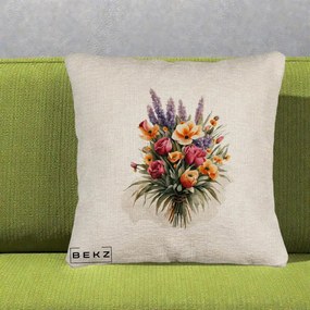 Perna Decorativa Buchet Mixt Acuarela Lavanda-Trandafiri, 40x40 cm, Bej Canapea, Husa Detasabila, Perna Inclusa, BEKZ®
