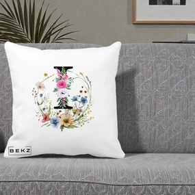 Cadou Personalizat - Perna Personalizata Monogram Litera I cu Flori Acuarela, 40x40 cm, Alba Mata, Husa Detasabila, Perna Inclusa, BEKZ®