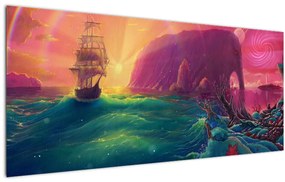 Tablou - Pictură în ulei, călătorie într-un țărăm fantastic (120x50 cm)