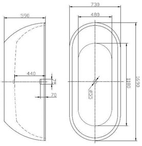 Cadă de baie tip insulă, Florida, Aura, ovală, cu instalație cu ventil click clack, 169 cm