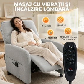 HOMCOM Fotoliu Reclinabil Manual cu Masaj și Încălzire, 135°, 8 Puncte de Masaj, Suport Picioare, Pernă Lombară, Gri | Aosom Romania