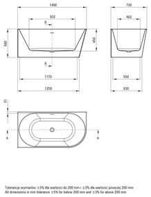Cada baie freestanding, alba, 140x58 cm, orientare stanga, Deante Silia