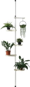 [en.casa]® Suport tip telescop pentru flori, 110 - 305 cm, metal/plastic, alb, inaltime reglabila, cu 4 tavite si un suport pentru agatat flori