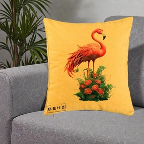 Perna Decorativa Flamingo cu Trandafiri Tropicali, 40x40 cm, Galben, Husa Detasabila, Perna Inclusa, BEKZ®