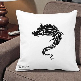 Perna Decorativa Lup Tribal Alb-Negru, 40x40 cm, Alba Mata, Husa Detasabila, Perna Inclusa, BEKZ®