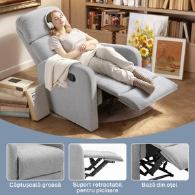 HOMCOM Fotoliu Rabatabil cu Suport pentru Picioare, Fotoliu din Metal, Lemn, Burete și Poliester, 66x83x107 cm, Gri | Aosom Romania