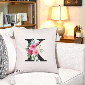 Cadou Personalizat - Perna Personalizata Monograma Florala Litera K, 40x40 cm, Bej cu Franjuri, Husa Detasabila, Perna Inclusa, BEKZ®