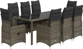 vidaXL Set bistro de grădină cu perne, 9 piese, gri, poliratan