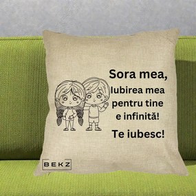 Cadou pentru Sora - Perna Personalizata Sora Mea Te Iubesc Copii Anime Line Art, 40x40 cm, Crem, Husa Detasabila, Perna Inclusa, BEKZ®