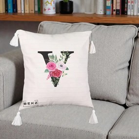 Cadou Personalizat - Perna Personalizata Monograma Florala Litera V cu Buchet, 40x40 cm, Bej cu Franjuri, Husa Detasabila, Perna Inclusa, BEKZ®