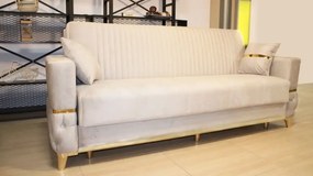 Canapea extensibila cu lada de depozitare 220x90x97 cm – stofa bej, insertii aurii – Vegas