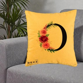 Cadou Personalizat - Perna Personalizata Monograma Florala Litera O, 40x40 cm, Galben, Husa Detasabila, Perna Inclusa, BEKZ®