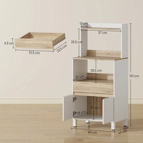 HOMCOM Dulap pentru Microunde din Lemn cu Raft, Blat Deschis, Sertar și Dulap, 60x40x131 cm, Alb | Aosom Romania