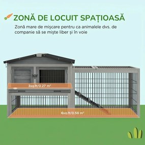 PawHut Cuib Exterior din Lemn de Brad cu Rampă, Acoperiș Rabatabil Impermeabil, Sertar Detașabil, Cuib pentru Iepuri, Animale Mici, Gri Deschis | Aosom Romania