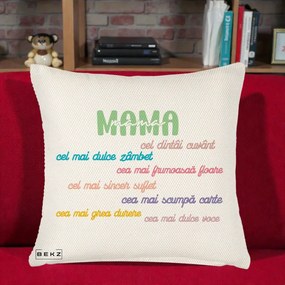 Cadou pentru Mama - Perna Personalizata Mama Cel Dintai Cuvant cu Text Colorat Multicolor, 40x40 cm, Crem Reliefat, Husa Detasabila, Perna Inclusa, BEKZ®