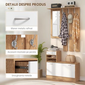 HOMCOM Set Mobilier Modern cu Etajeră pentru Pantofi, Oglindă cu 6 Cârlige, 2 Rafturi și Sertare, 90x24x177 cm, Lemn Natural | Aosom Romania