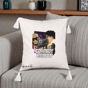 Perna Personalizata Cowboy Bebop Spike si Jet Poster, 40x40 cm, Bej cu Franjuri, Husa Detasabila, Perna Inclusa, BEKZ®