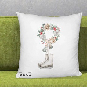 Perna Decorativa Patine cu Coroana Florala de Craciun, 40x40 cm, Alb Pufos, Husa Detasabila, Perna Inclusa, BEKZ®