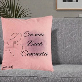 Cadou pentru Cumnata - Perna Personalizata Cea mai Buna Cumnata cu Silueta Dama si Pete Violet, 40x40 cm, Roz, Husa Detasabila, Perna Inclusa, BEKZ®