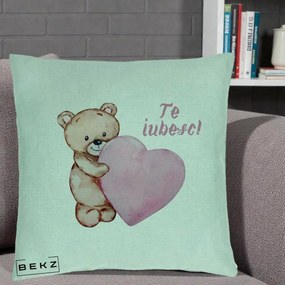 Cadou Romantic - Perna Personalizata Te Iubesc Ursulet cu Inima Roz Acuarela, 40x40 cm, Verde Menta, Husa Detasabila, Perna Inclusa, BEKZ®