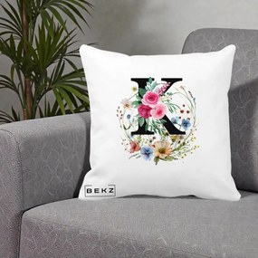 Cadou Personalizat - Perna Personalizata Monogram Litera K cu Flori Acuarela, 40x40 cm, Alba Mata, Husa Detasabila, Perna Inclusa, BEKZ®