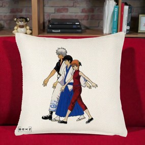 Perna Personalizata Gintama Trio Gintoki Shinpachi Kagura, 40x40 cm, Crem Reliefat, Husa Detasabila, Perna Inclusa, BEKZ®