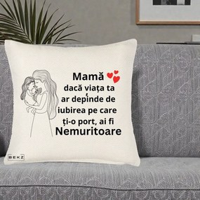 Cadou pentru Mama - Perna Personalizata Mama Nemuritoare cu Copilul in Poala, 40x40 cm, Crem Reliefat, Husa Detasabila, Perna Inclusa, BEKZ®