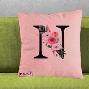 Cadou Personalizat - Perna Personalizata Monograma Florala Litera N, 40x40 cm, Roz, Husa Detasabila, Perna Inclusa, BEKZ®