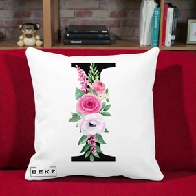 Cadou Personalizat - Perna Personalizata Monograma Florala Litera I, 40x40 cm, Alba Mata, Husa Detasabila, Perna Inclusa, BEKZ®