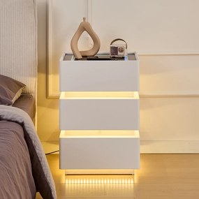 RESIGILAT- SÉLIA — Noptieră inteligentă cu încărcare Wireless, Bluetooth Stereo, iluminare RGB, USB + Type-C și senzor de mișcare, Alb