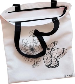 Sacosa de Panza pentru Cumparaturi, Geanta Tote, model Minimalist Butterfly, Cu fermoar, 38x34.5 cm, Alba, BEKZ®