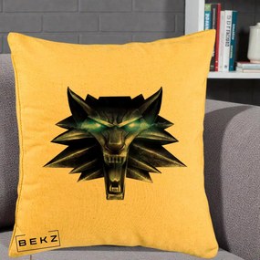 Perna Decorativa The Witcher Wolf Head, 40x40 cm, Galben, Husa Detasabila, Perna Inclusa, BEKZ®
