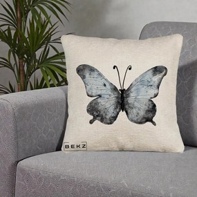Perna Decorativa Fluture Acuarela Albastru-Gri, 40x40 cm, Bej Canapea, Husa Detasabila, Perna Inclusa, BEKZ®