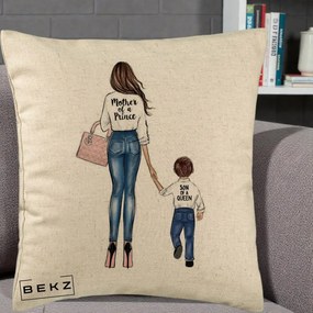 Cadou pentru Mama - Perna Personalizata, Model Mother of a Prince, 40x40 cm, Bej, Husa Detasabila, Perna Inclusa, BEKZ®