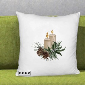 Perna Decorativa Lumanari cu Ilex si Conuri Ilustratie, 40x40 cm, Alb Pufos, Husa Detasabila, Perna Inclusa, BEKZ®