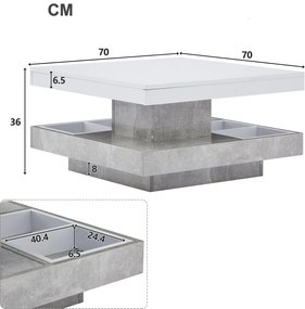 Măsuță de cafea lucioasă, rotativă la 360°, cu blat pe 2 niveluri și compartiment de depozitare, 70x70x36 cm, Alb