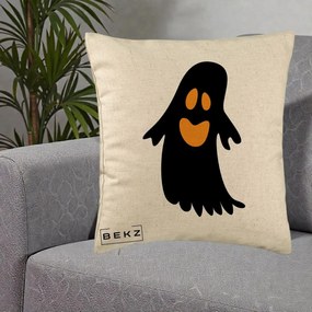 Perna Decorativa Halloween Fantoma Neagra cu Ochi Portocalii, 40x40 cm, Bej, Husa Detasabila, Perna Inclusa, BEKZ®