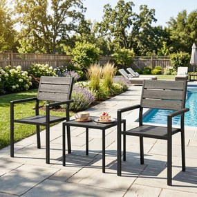 Outsunny Set bistro de grădină 3 piese masă bistro cu 2 scaune, design lamele, aspect lemn, blat HDPE rezistent la rugină | Aosom Romania