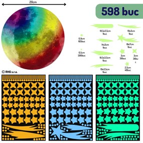 Autocolant de perete „Lună color fosfor cu stele” 598 buc