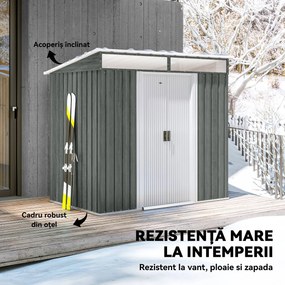 Outsunny Căsuță de Grădină 6.5 x 4FT din Metal Galvanizat cu Fundație, Magazin cu Uși Duble Culisante și 2 Guri de Aerisire, Gri | Aosom Romania