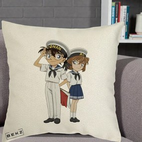 Perna Personalizata Detective Conan Conan si Ai Sailor, 40x40 cm, Ecru, Husa Detasabila, Perna Inclusa, BEKZ®