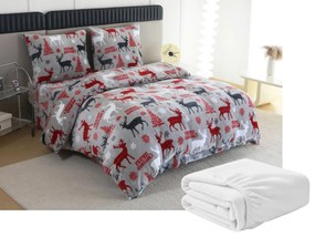 Set Lenjerie cocolino MERRY CHRISTMAS DEER gri + Cearsaf Cocolino microplus cu elastic SOFT 180x200 cm alb, pat dublu