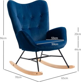 HOMCOM Fotoliu balansoar, rocking chair, fotoliu pentru alăptare confortabil cu structură din lemn masiv și metal pentru Living, Dormitor, Balcon, Catifea albastră | Aosom Romania