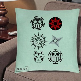 Perna Personalizata Simboluri Anime Mix - Naruto One Piece, 40x40 cm, Verde Menta, Husa Detasabila, Perna Inclusa, BEKZ®