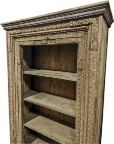 Bibliotecă din lemn masiv de teak cu sculpturi antice, finisaj natural, 3 rafturi, 120×50×180 cm, „Haveli"