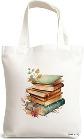 Sacosa de Panza pentru Cumparaturi, Geanta Tote, model Pile of Books, 38x34.5 cm, Alba, BEKZ®