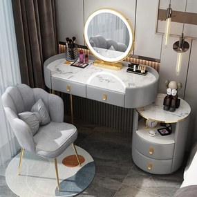 Set Anais, Masă de toaletă pentru machiaj cu oglindă iluminată LED, control touch, 4 sertare, scaun, Gri/Alb