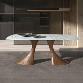 Masa ovala din lemn si marmura portelanata Barrel 200x90cm