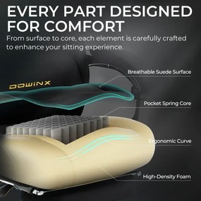DOWINX – Scaun Gaming, Suport Lombar cu Masaj, Șezut cu Arcuri Metalice și Spumă, Rabatabil 90°-160°, Suport picioare, Rezistent 160 kg, material textil, Negru